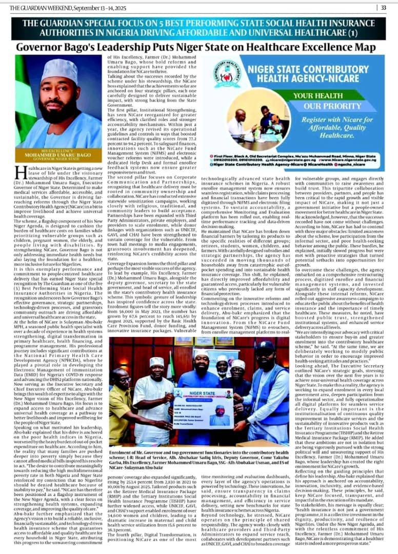 The Guardian Weekend newspaper page featuring NiCare among the five best performing state health insurance agencies